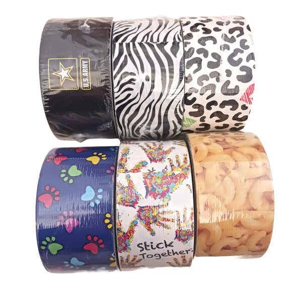 6 Duck Tape Roll Set Army, Zebra, Cheetah, Dog Prints, Stick Together, Macaroni - Picture 1 of 15